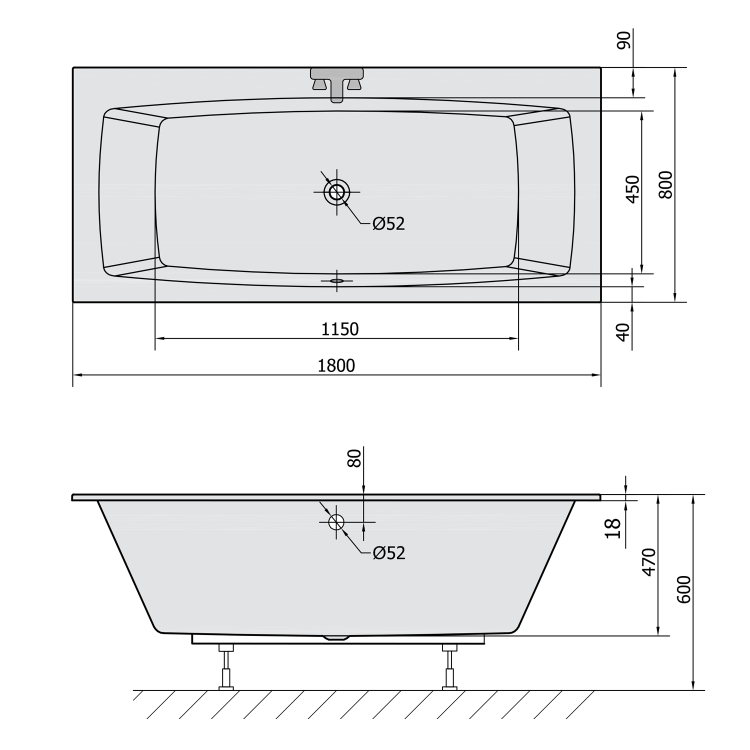 KVADRA SLIM obdélníková vana 180x80x47cm, bílá