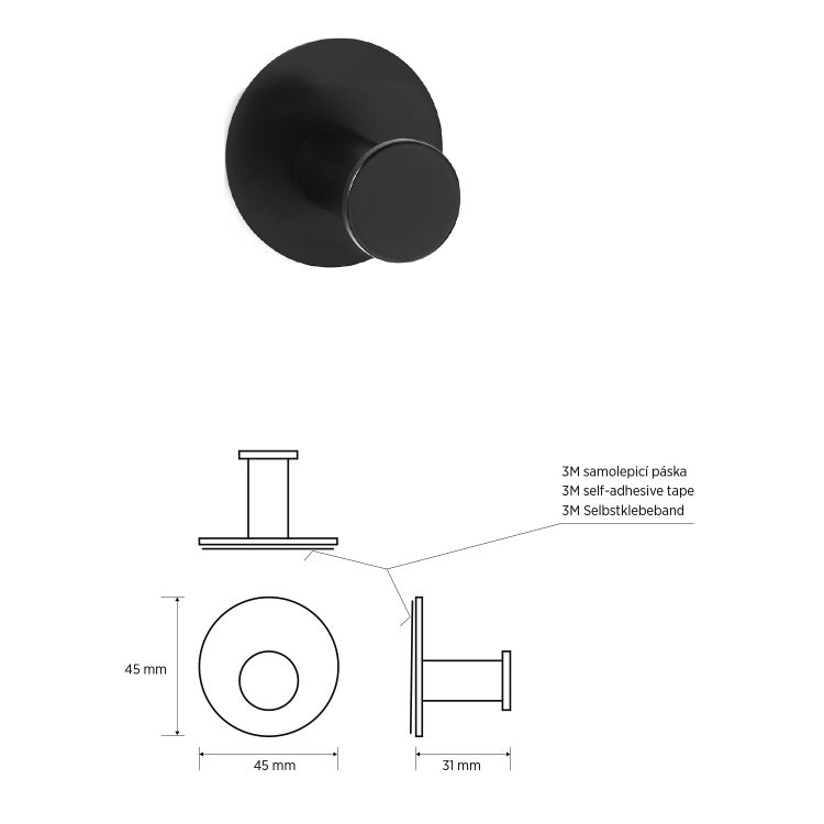 X-ROUND BLACK samolepící háček, černá mat