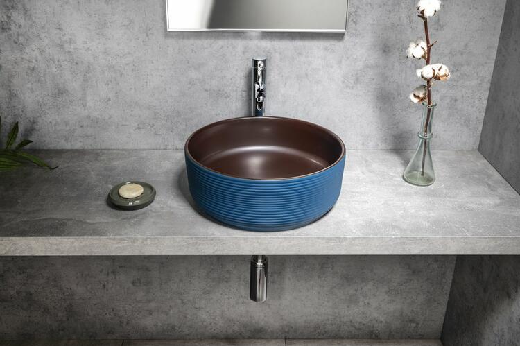 PRIORI keramické umyvadlo na desku, Ø 41 cm, modrá/hnědá