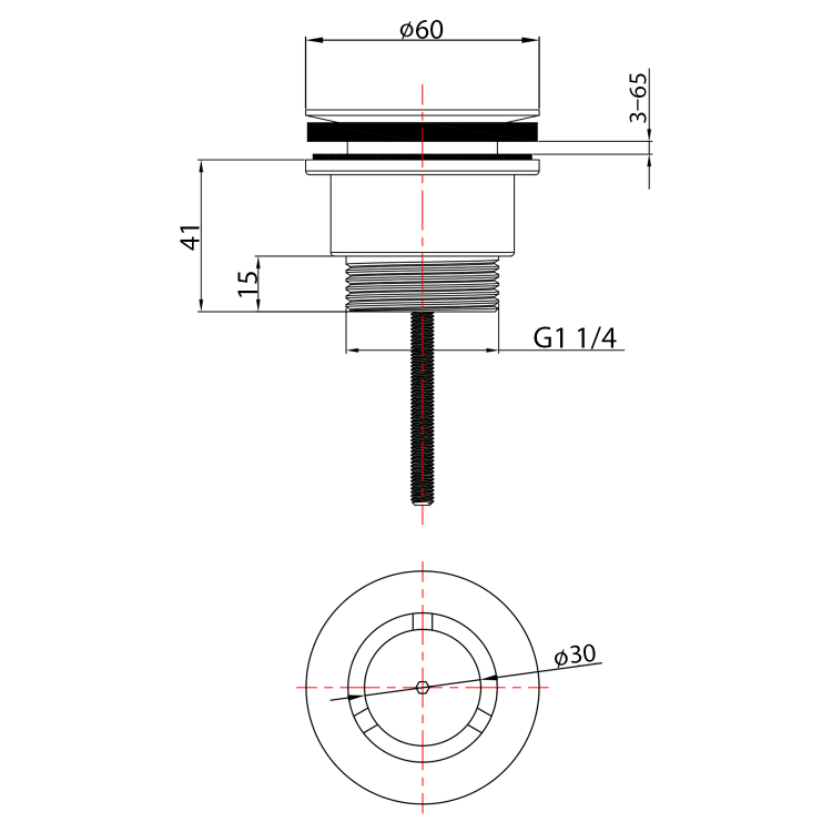 Umyvadlová výpust 5/4“, neuzavíratelná, design zátka, 3-65mm, chrom