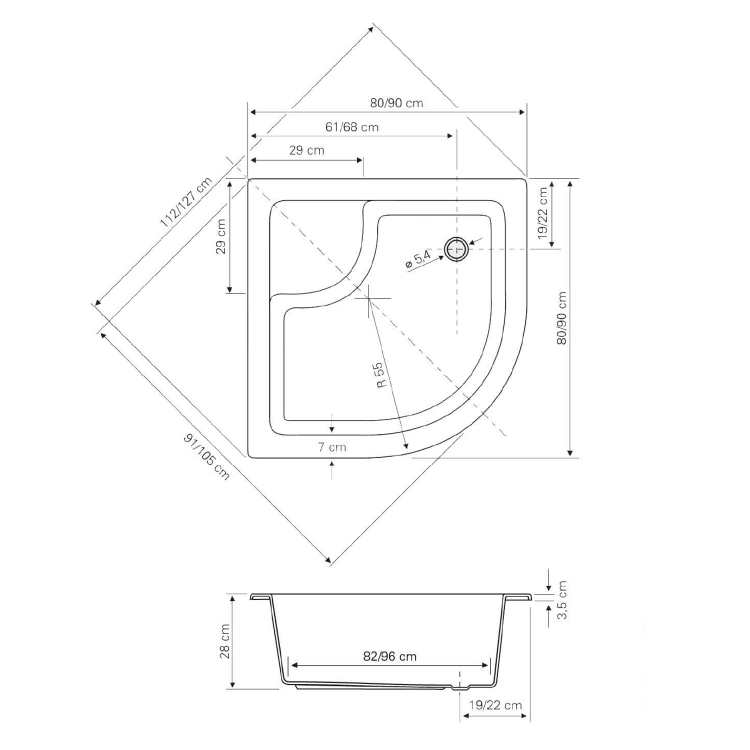 Čtvrtkruhová sprchová vanička 80 cm – Aqualine R550 C83