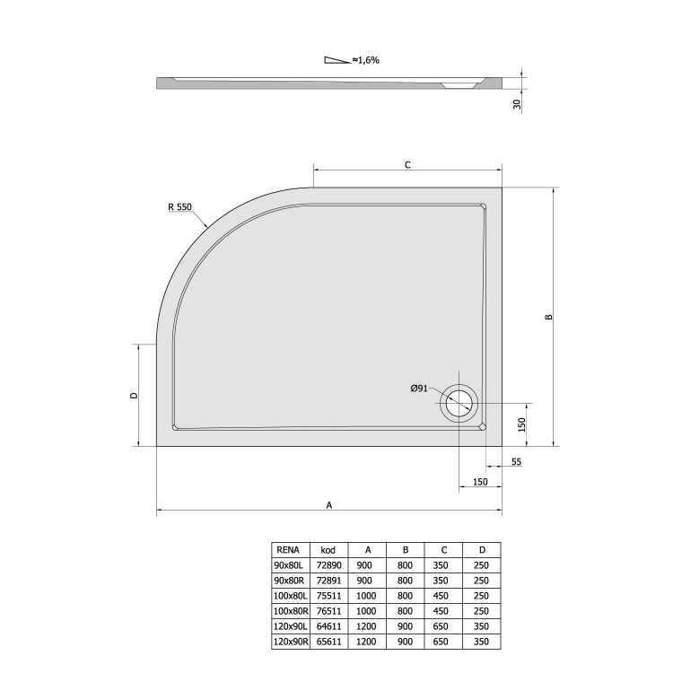 Čtvrtkruhová sprchová vanička z litého mramoru 120×90 cm L – Polysan Rena R550 64611