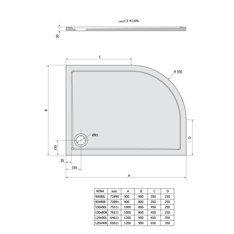 Čtvrtkruhová sprchová vanička z litého mramoru 100×80 cm P – Polysan Rena R550 76511