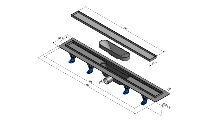 TILE podlahový žlab s nerezovým roštem pro dlažbu, L-455mm, DN40