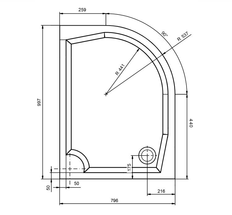 Čtvrtkruhová sprchová vanička z litého mramoru 100×90 cm – Gelco Riva GR10080L