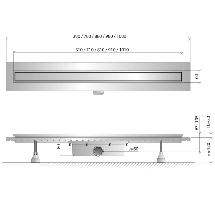 ESSEFLOW nerezový podlahový žlab s roštem, L-980, DN50