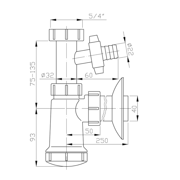 Umyvadlový sifon s odbočkou 5/4, DN40, bílá