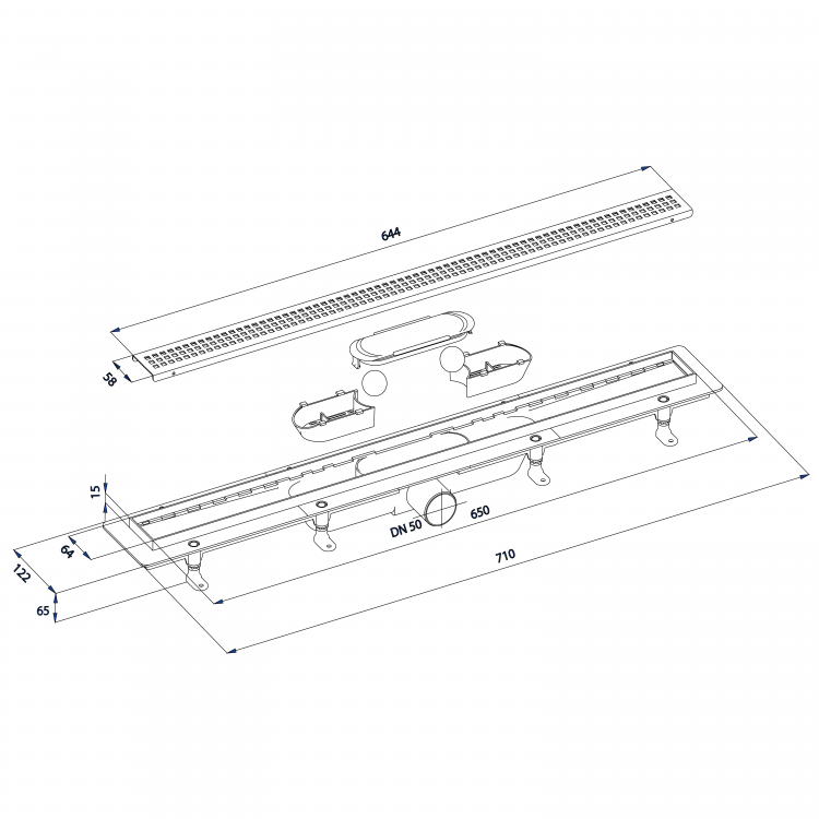 Odtokový žlab s nerezovým roštem 71 cm – Polysan INDY L-710, DN50