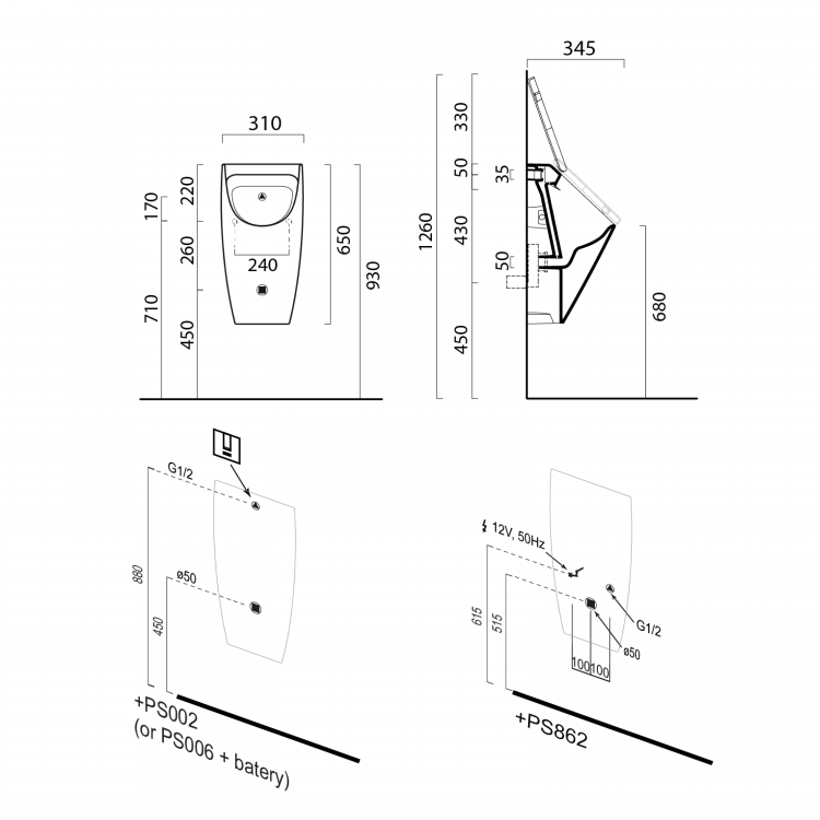 COMMUNITY urinál se zakrytým přívodem vody s otvory pro víko, Rimless, 31x65cm, bílá ExtraGlaze