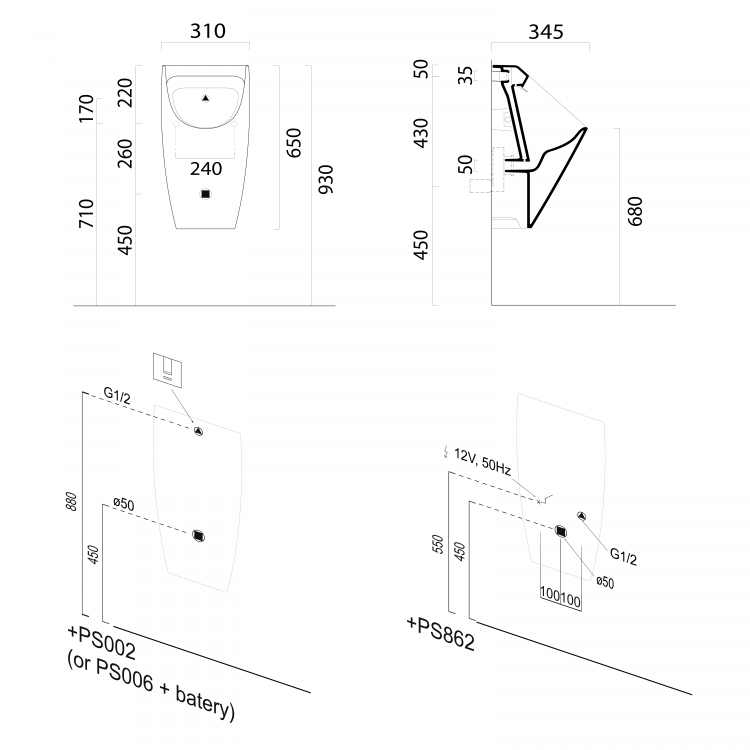 COMMUNITY urinál se zakrytým přívodem vody, Rimless, 31x65cm, černá mat
