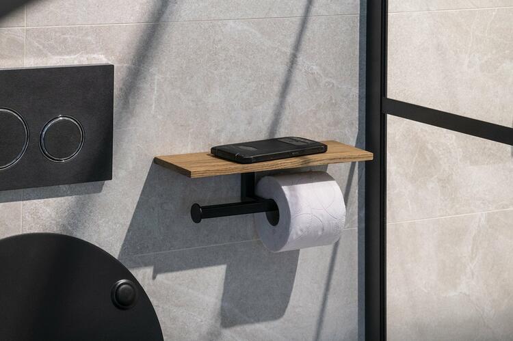 SKA dvojitý držák toaletního papíru s poličkou 30x8x10cm, černá mat/dub