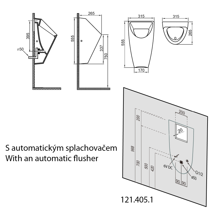 SCHWARN urinál s automatickým splachovačem 6V DC, zadní přívod, zadní odpad