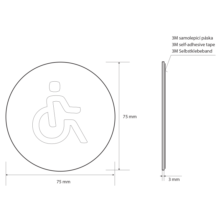Cedule WC vozíčkář, Ø 75mm, nerez lesk