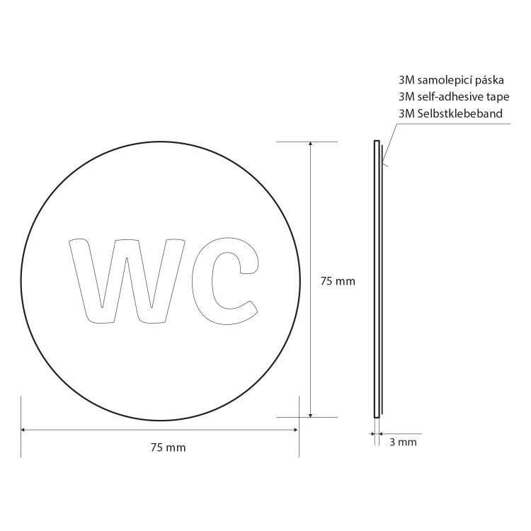Cedule WC, Ø 75mm, nerez lesk