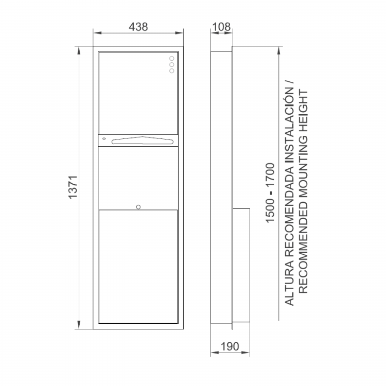 Zabudovaný zásobník na papírové ručníky a odpadkový koš 45l, 365x1375x108mm, nerez mat