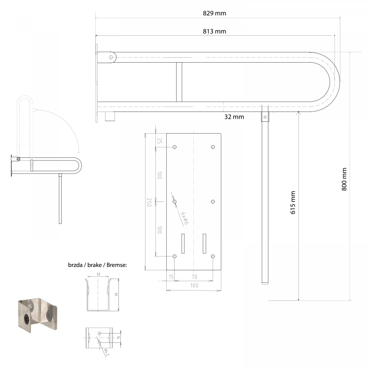 HANDICAP madlo sklopné s opěrnou nohou 813mm, nerez lesk
