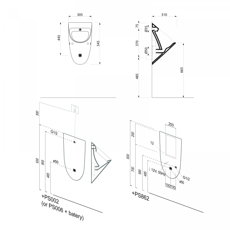 COMMUNITY urinál se zakrytým přívodem vody, Rimless, 31x54,5cm, bílá mat
