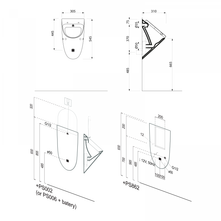 COMMUNITY urinál se zakrytým přívodem vody s otvory pro víko, Rimless, 31x54,5cm, bílá mat