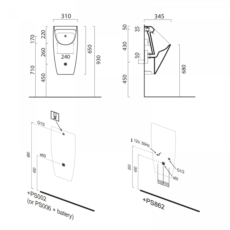 COMMUNITY urinál se zakrytým přívodem vody, Rimless, 31x65cm, bílá mat