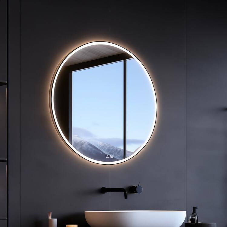 Černé kulaté zrcadlo s led osvětlením průměr 60 cm – Nimco ZPC 28000RVX-90