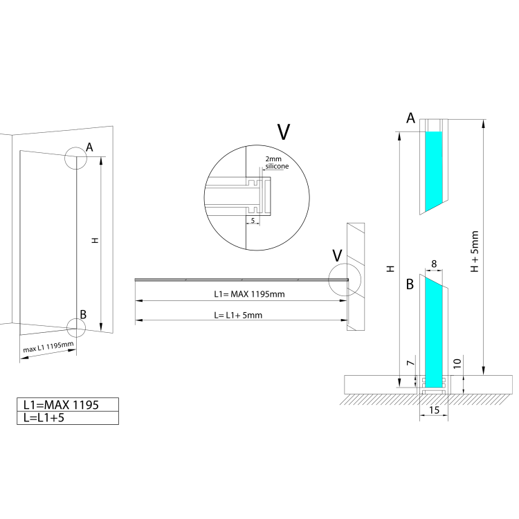 ARCHITEX LINE sada pro uchycení skla, podlaha-stěna, max. š. 1200mm, leštěný hliník