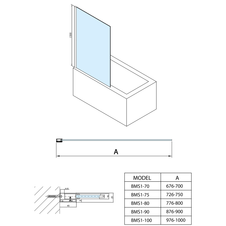 MODULAR SHOWER vanová zástěna 700x1500mm, čiré sklo