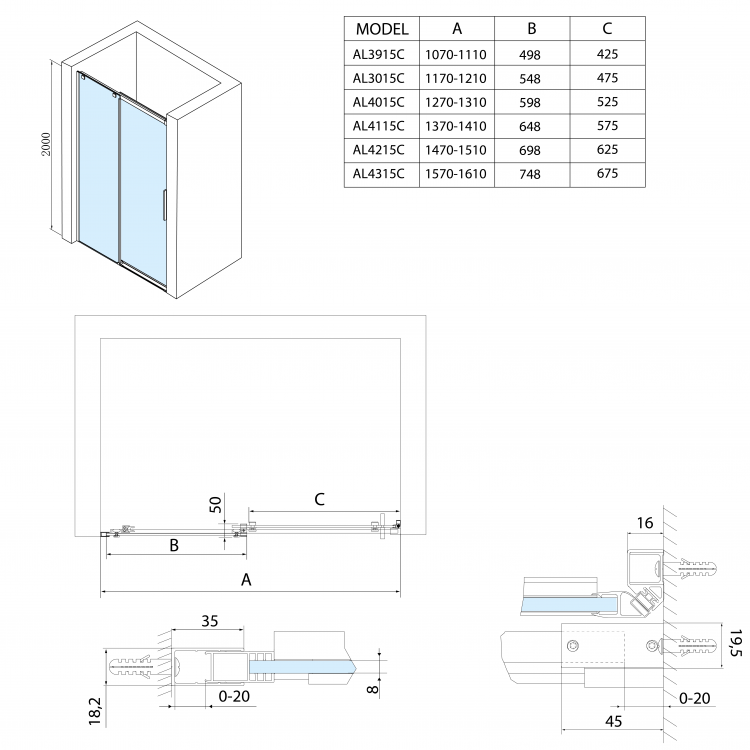 ALTIS LINE posuvné dveře 1270-1310mm, výška 2000mm, čiré sklo