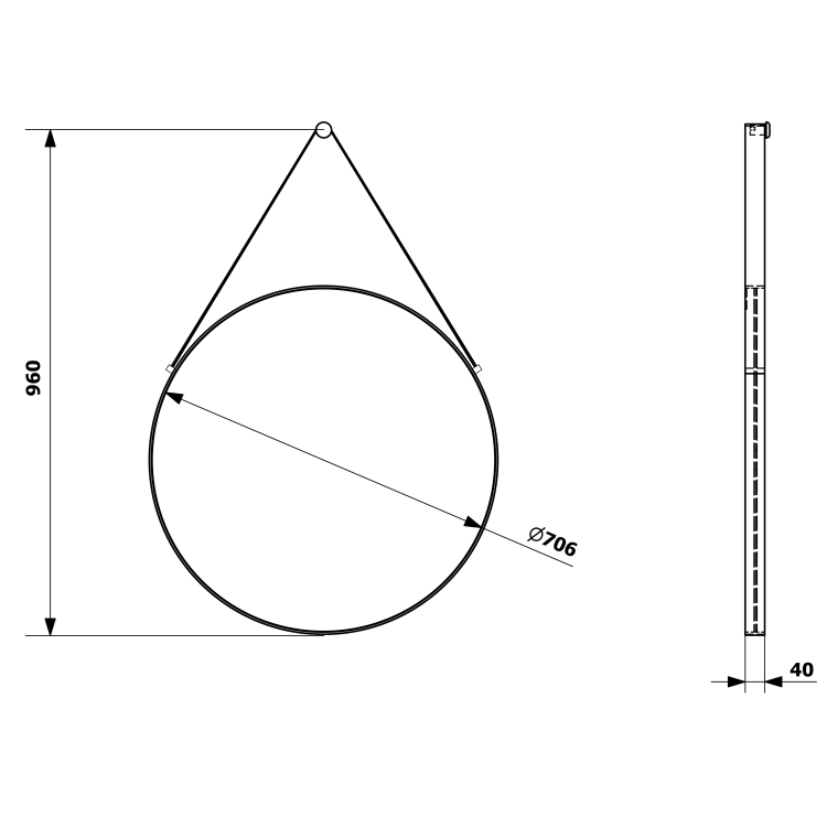 ORBITER kulaté zrcadlo s koženým páskem ø 70cm, černá mat