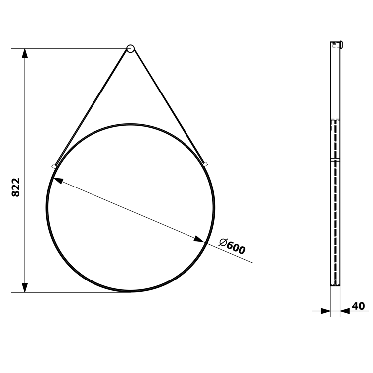 ORBITER kulaté zrcadlo s koženým páskem ø 60cm, černá mat