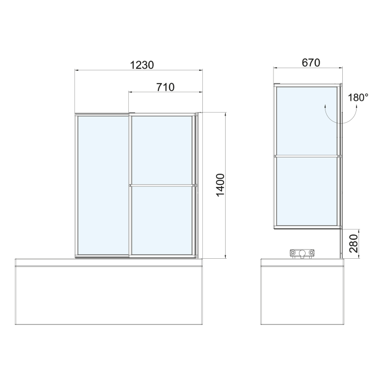 OLBIA vanová zástěna s pneumatickým zdvihem, š. 1230mm, černá mat, čiré sklo