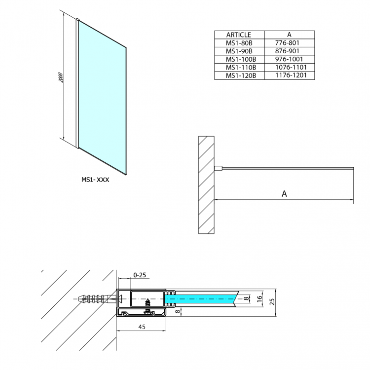 Sprchová stěna Walk-in 100 cm černá/transparent – Polysan Modular shower black MS1-100B
