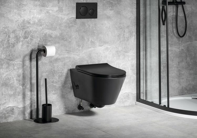 AVVA CLEANWASH závěsná WC mísa, integrovaná baterie a bidet. sprška, Rimless, 35,5x53cm, černá mat