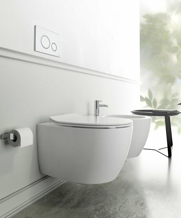 SENTIMENTI závěsné WC Rimless s podomítkovou nádržkou a tlačítkem Schwab, bílá