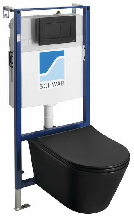 AVVA závěsné WC Rimless s podomítkovou nádržkou a tlačítkem Schwab, černá mat