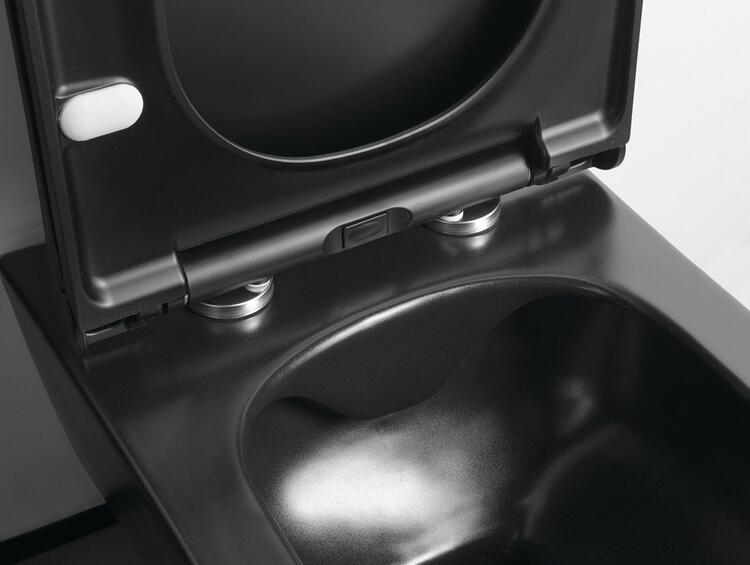 AVVA závěsné WC Rimless s podomítkovou nádržkou a tlačítkem Schwab, černá mat