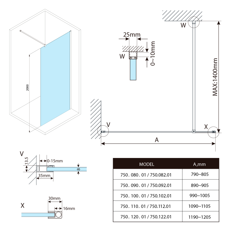 Sprchová stěna Walk-in 90 cm chrom/transparent – Bruckner Spitza 750.090.1