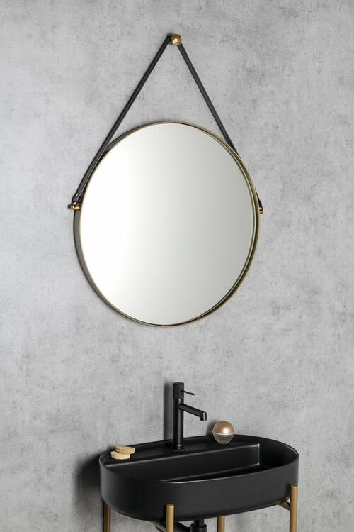 ORBITER kulaté zrcadlo s koženým páskem ø 60cm, zlato mat