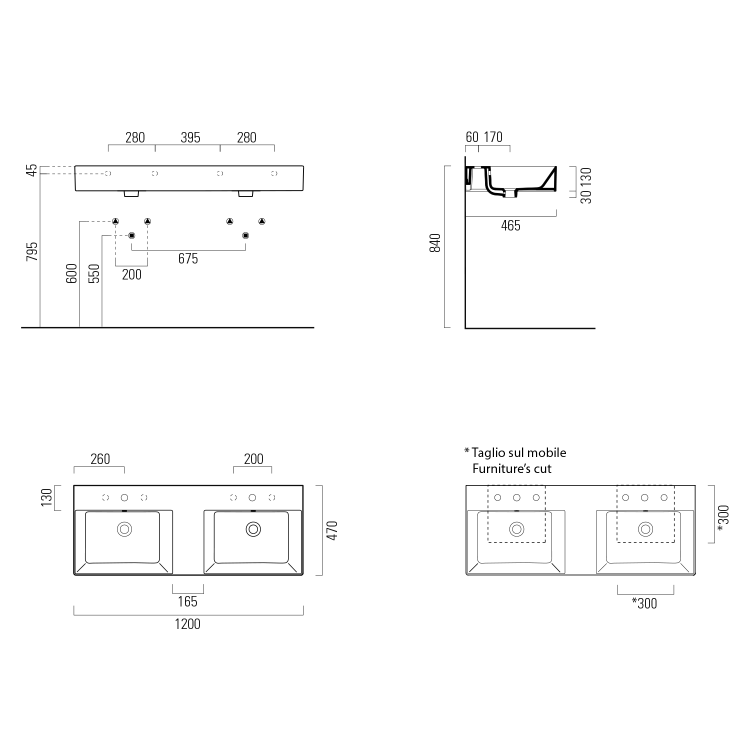 KUBE X keramické dvojumyvadlo 120x47cm, broušená spodní hrana, bez otvoru, bílá ExtraGlaze