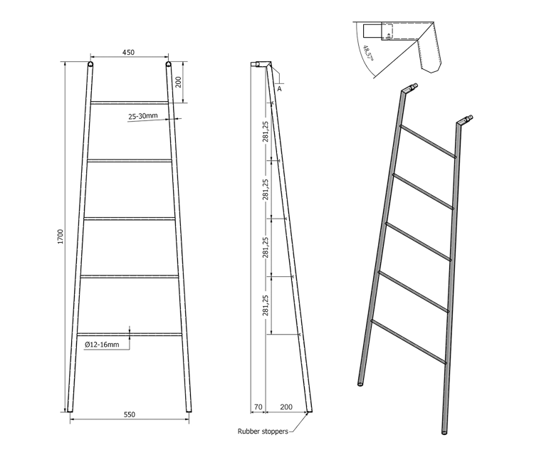 SEGA sušák ručníků na opření 550x1700x70mm, nerez lesk