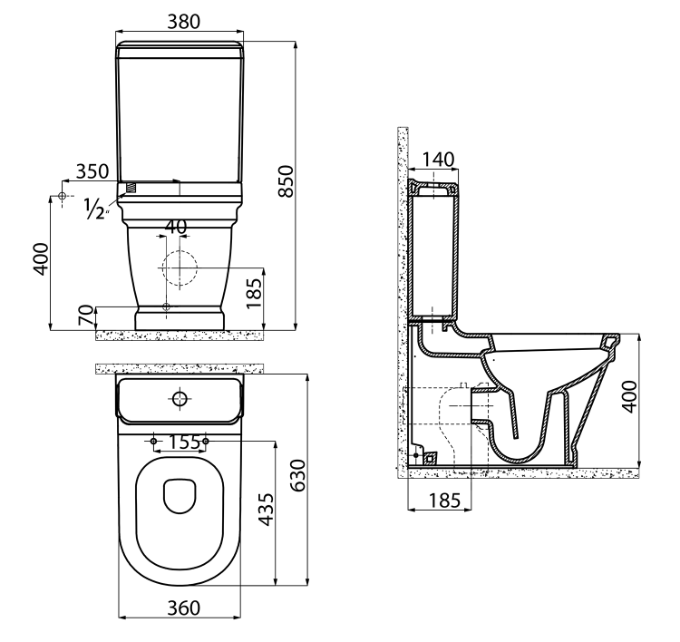 ANTIK WC mísa kombi, zadní/spodní odpad, 37x63cm, bílá