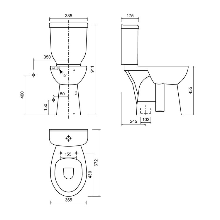 HANDICAP WC mísa kombi, zvýšený sedák, spodní odpad, 36,5x67,2cm, bílá