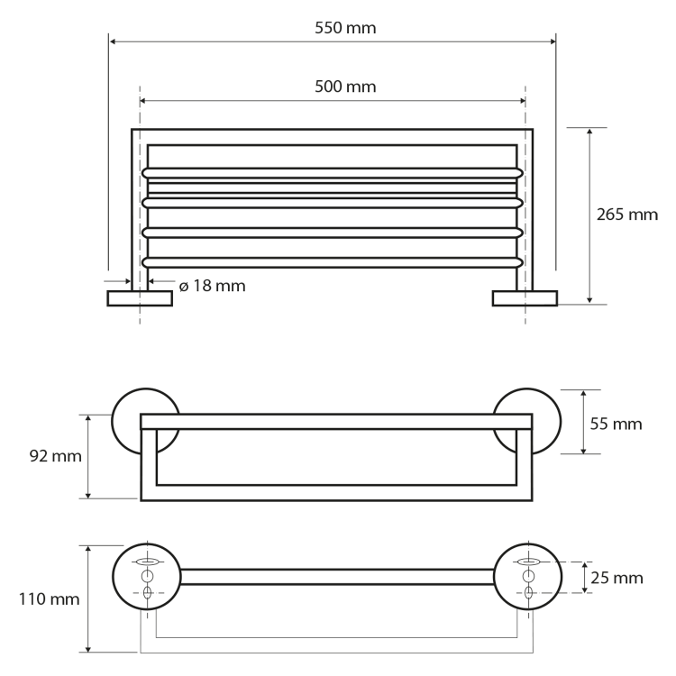 X-ROUND BLACK polička na ručníky s hrazdou 500mm, černá mat