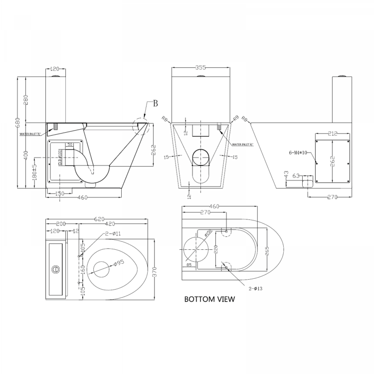 WC kombi mísa s nádržkou včetně splachovacího mechanismu a WC sedátka 370x680x620 mm, nerez mat