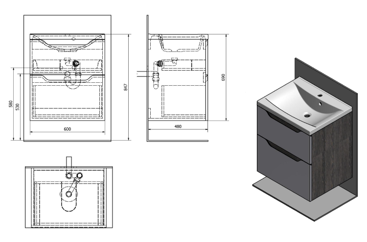 Umyvadlová skříňka 60×65×47,8 cm bílá/dub stříbrný – Sapho WAVE WA060-3011