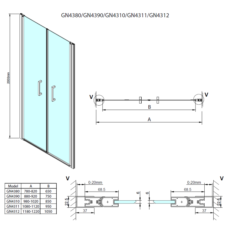 LORO sprchové dveře dvoukřídlé 1200mm, čiré sklo