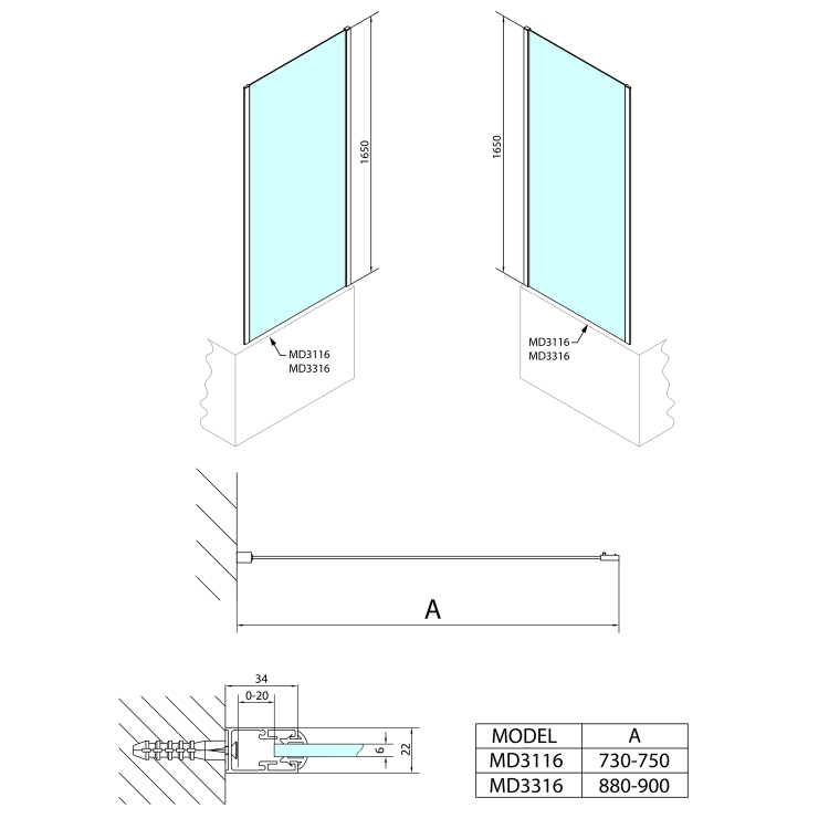 Sprchová stěna 90 cm chrom/transparent – Polysan Deep MD3316
