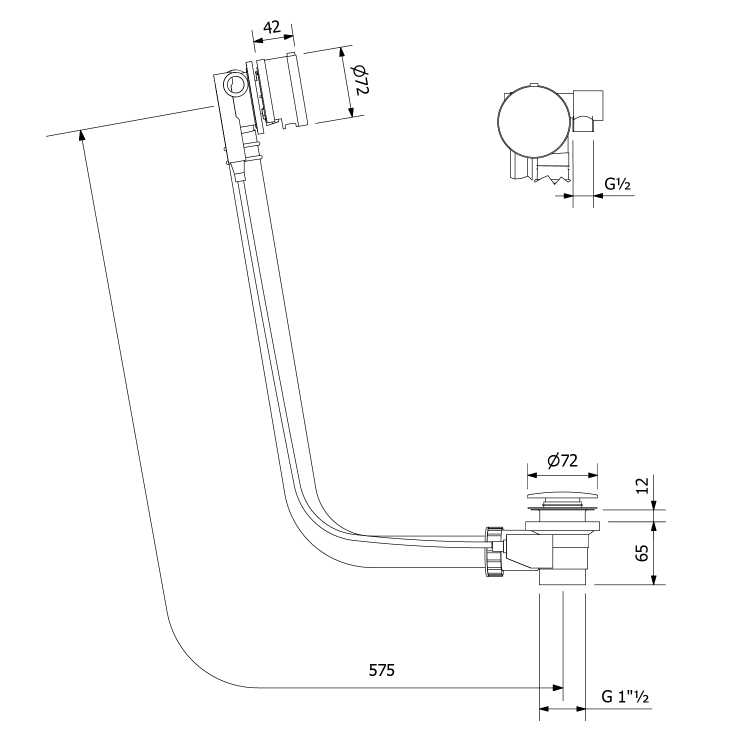 Vanová souprava s napouštěním, bovden, délka 575mm, zátka 72mm, bílá