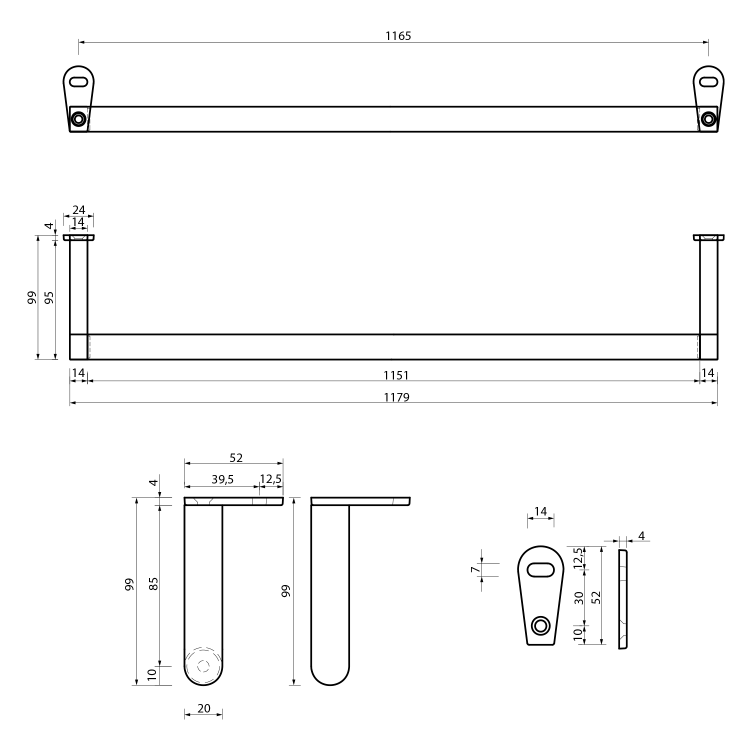 NORM čelní držák ručníků 125cm, chrom