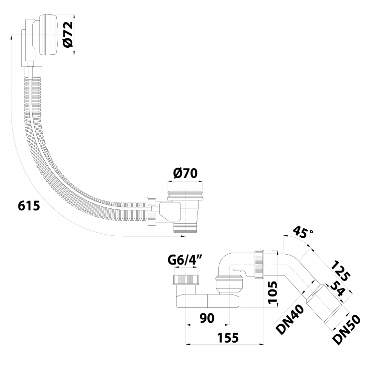 Vanová souprava, L-615mm, DN40/50, ABS/chrom