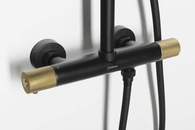 Sprchový sloup s termostatickou baterií černá/zlato – Sapho SOLARIS WD139G